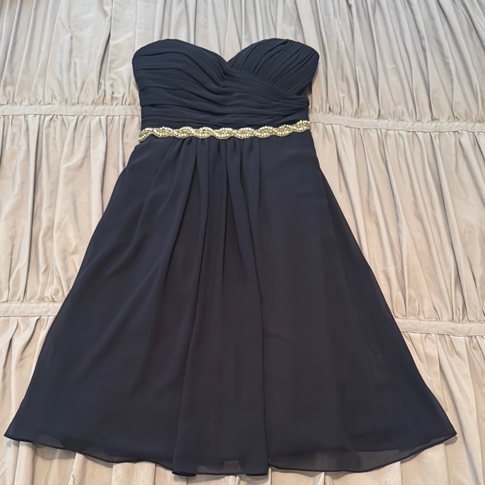 Elegant Navy Strapless Dress with crystal detail all around under bust.